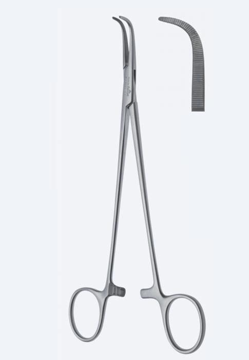 Зажими дисекційні та лігатурні, De Bakey-Mixter, вигнуті, зубчасті щелепи, з кремальєрою, загальна довжина 160 мм. Бренд - Asanus Medizintechnik Gmb, Німеччина